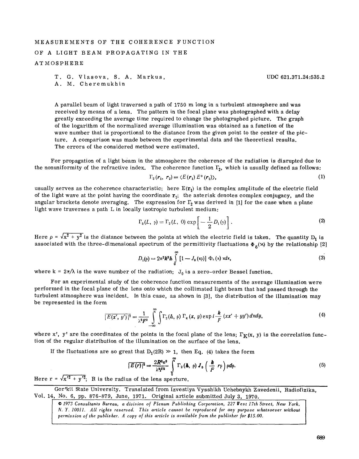 Measurements of the coherence function of a light beam propagating in the atmosphere by Unknown