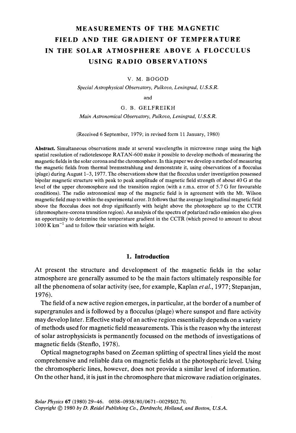 Measurements of the magnetic field and the gradient of temperature in the solar atmosphere above a flocculus using radio observations by Unknown