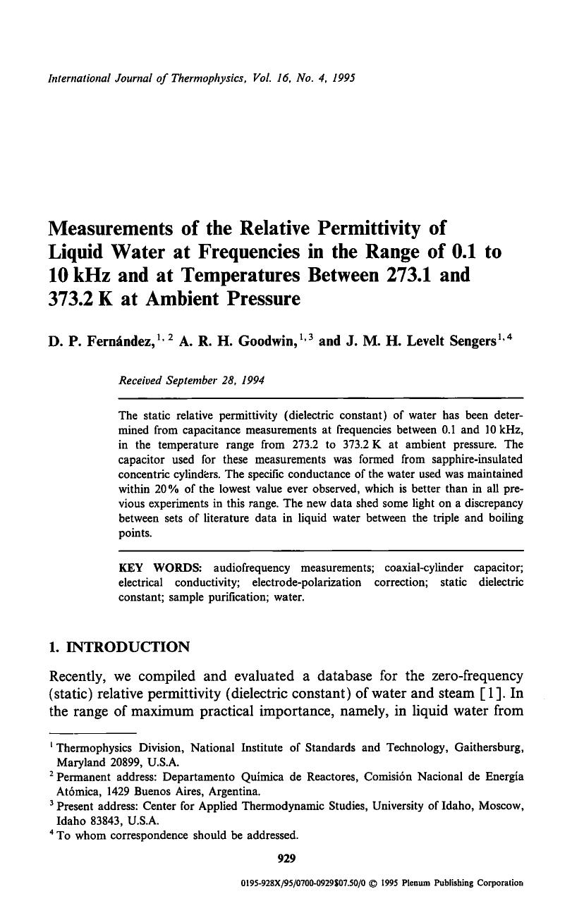 Measurements of the relative permittivity of liquid water at frequencies in the range of 0.1 to 10 kHz and at temperatures between 273.1 and 373.2 K at ambient pressure by Unknown