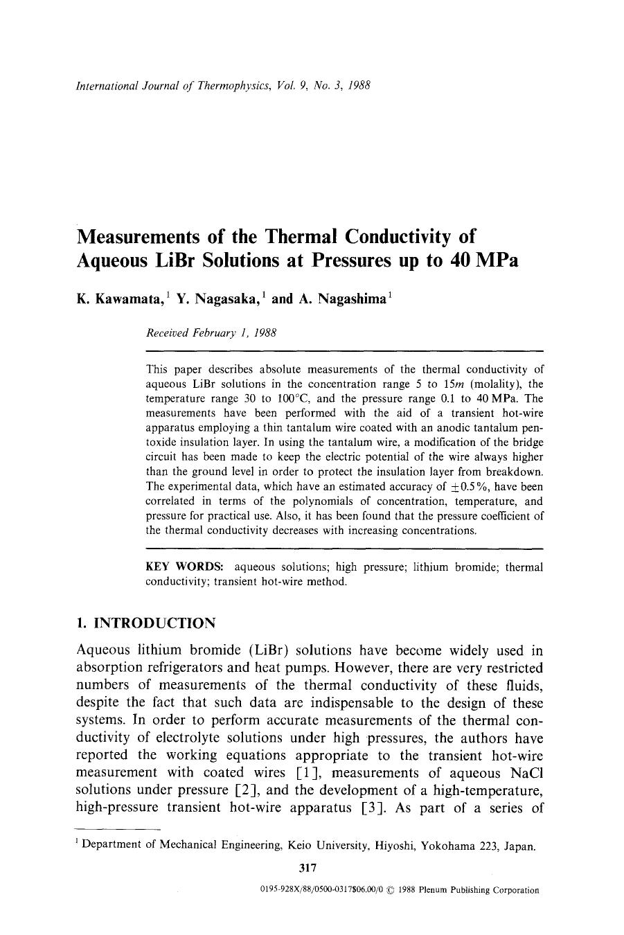 Measurements of the thermal conductivity of aqueous LiBr solutions at pressures up to 40 MPa by Unknown