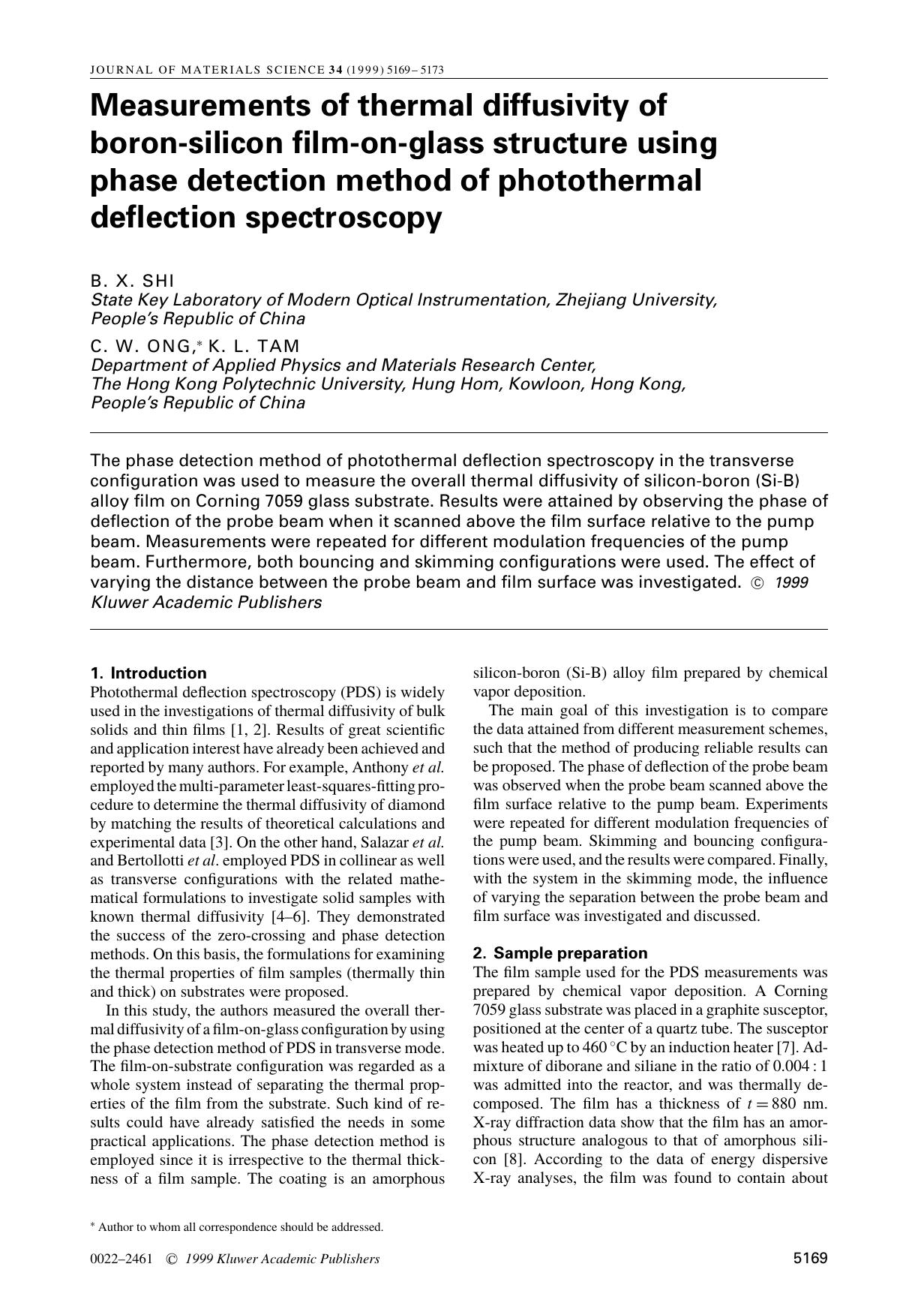 Measurements of thermal diffusivity of boron-silicon film-on-glass structure using phase detection method of photothermal deflection spectroscopy by Unknown