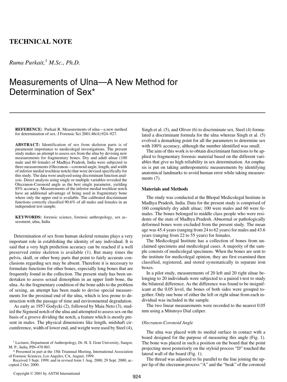 Measurements of ulna--a new method for determination of sex by Purkait R