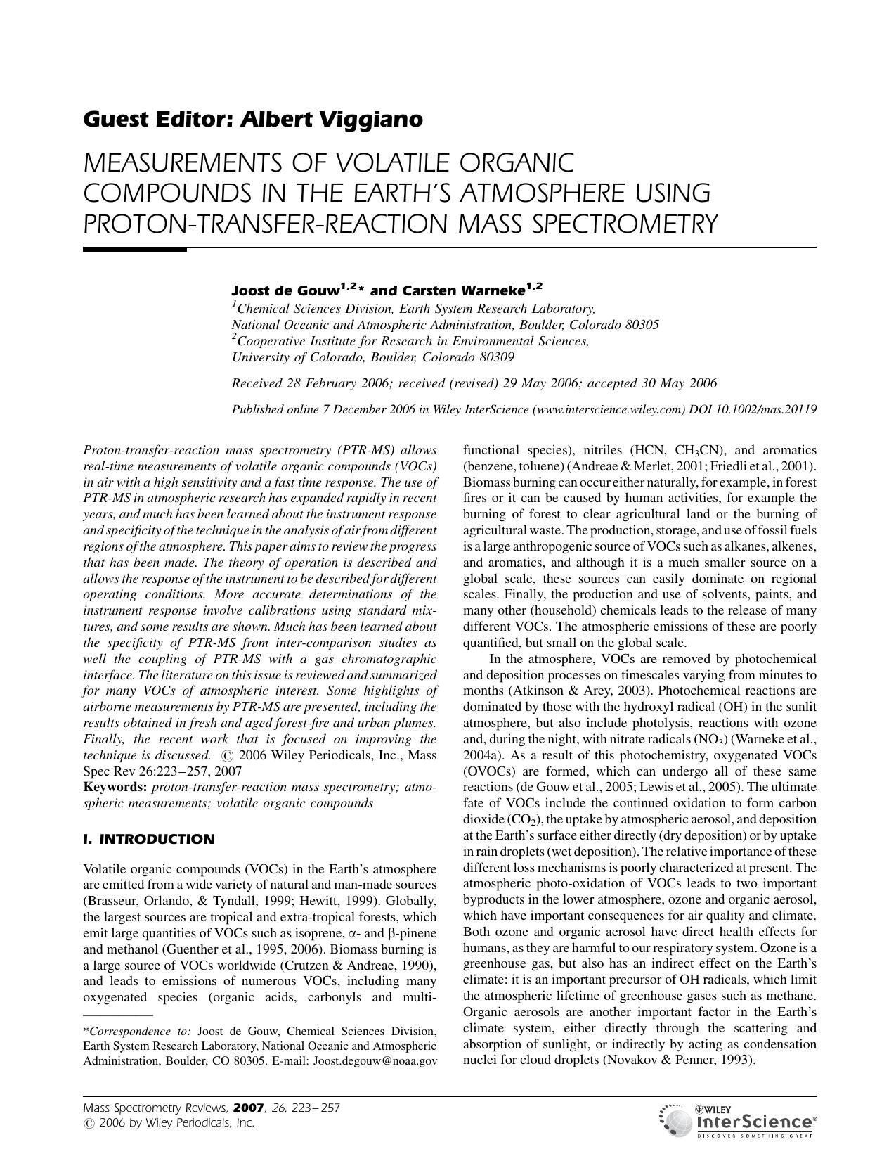 Measurements of volatile organic compounds in the earth's atmosphere using proton-transfer-reaction mass spectrometry by Unknown