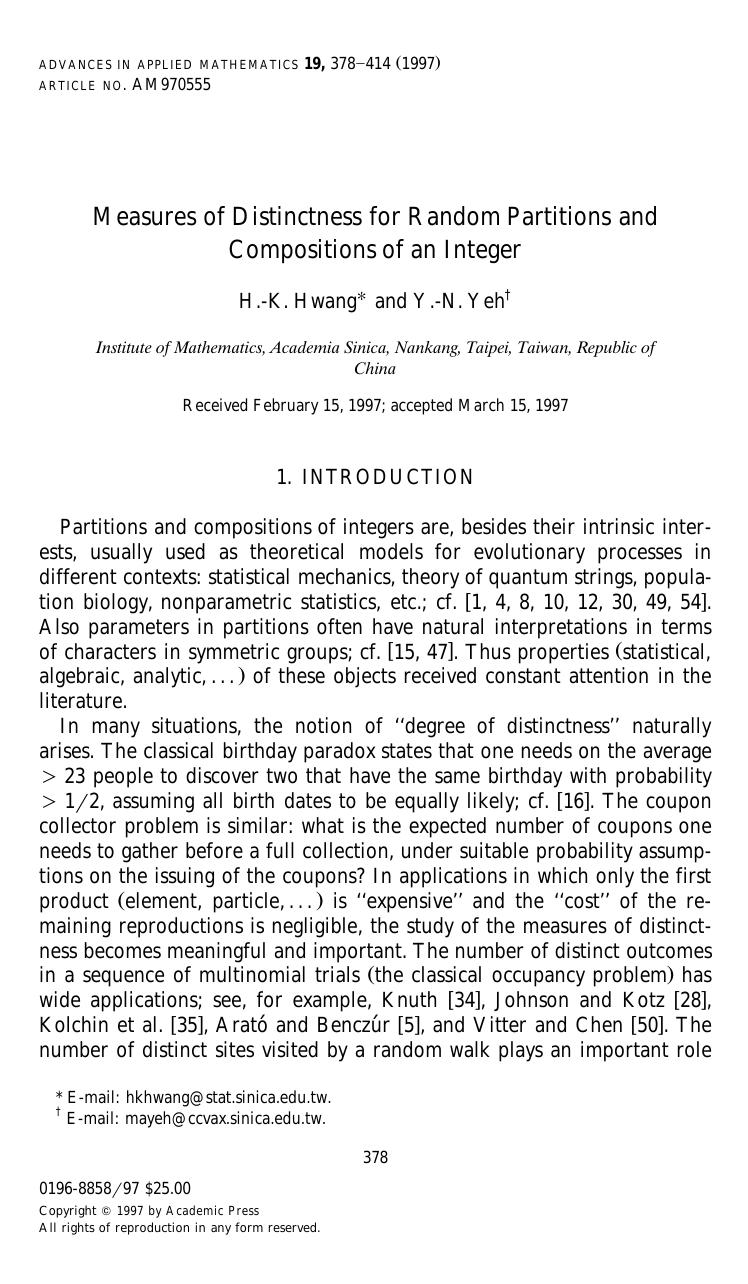 Measures of Distinctness for Random Partitions and Compositions of an Integer by Hwang H-K. et al