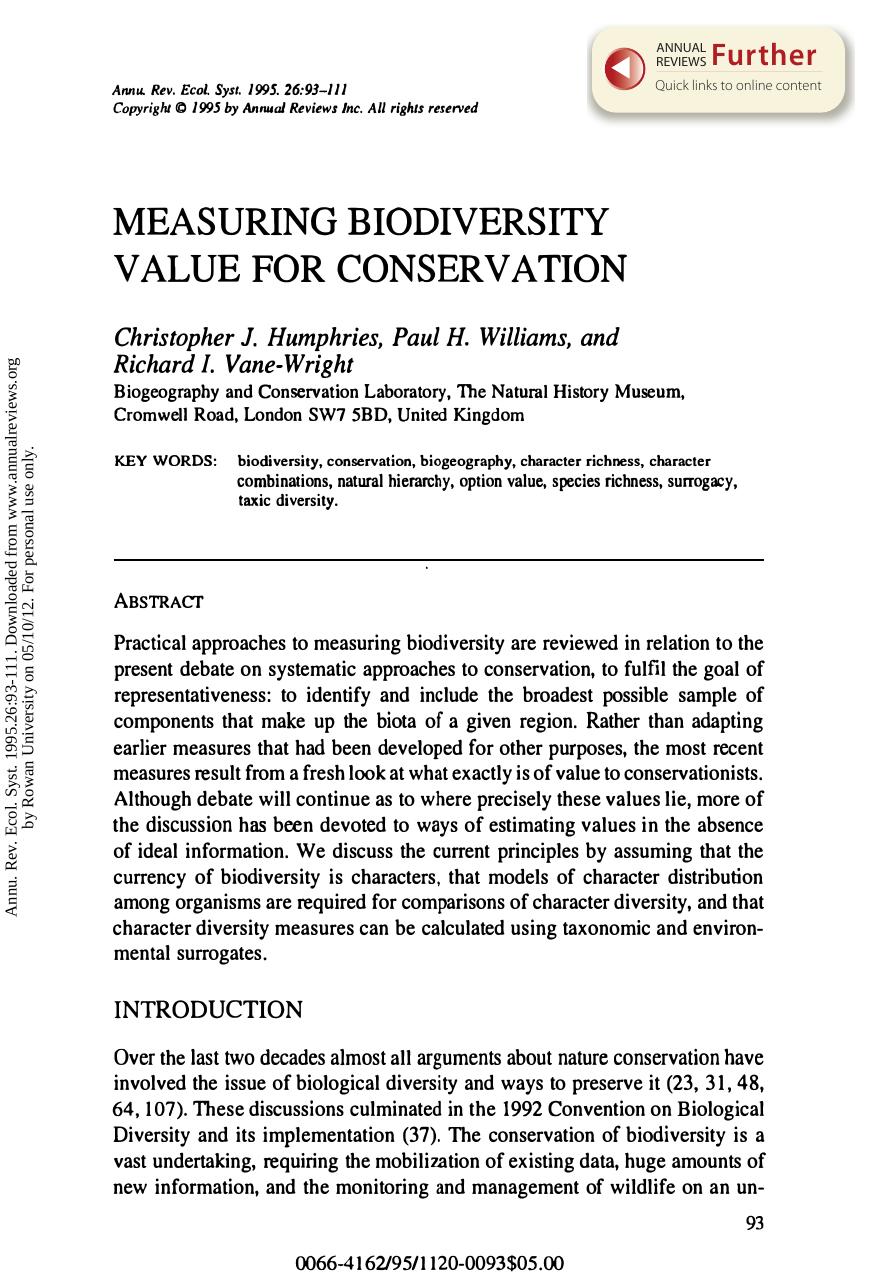 Measuring Biodiversity Value for Conservation by C J Humphries P H Williams and & R I V Wright
