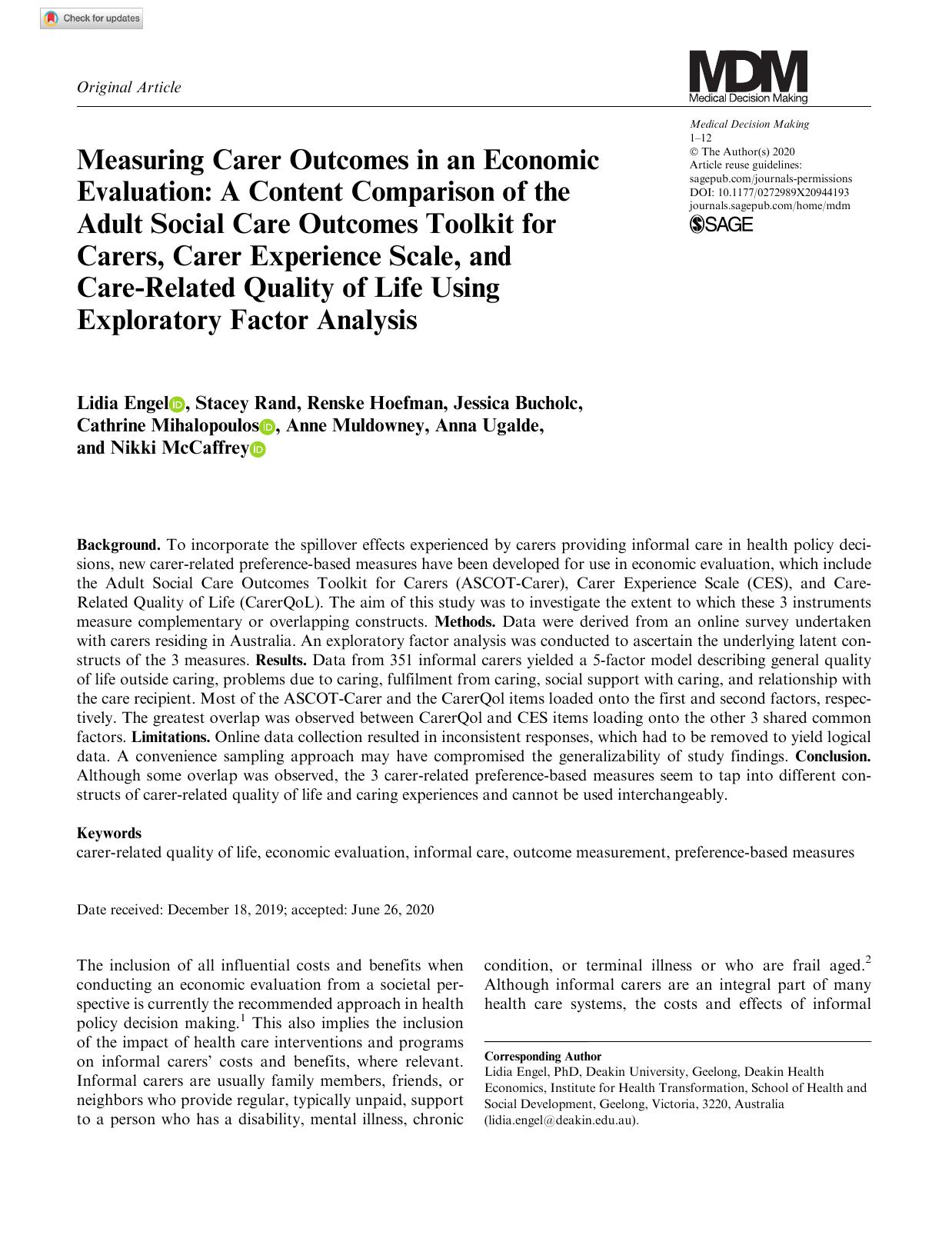Measuring Carer Outcomes in an Economic Evaluation: A Content Comparison of the Adult Social Care Outcomes Toolkit for Carers, Carer Experience Scale, and Care-Related Quality of L by unknow