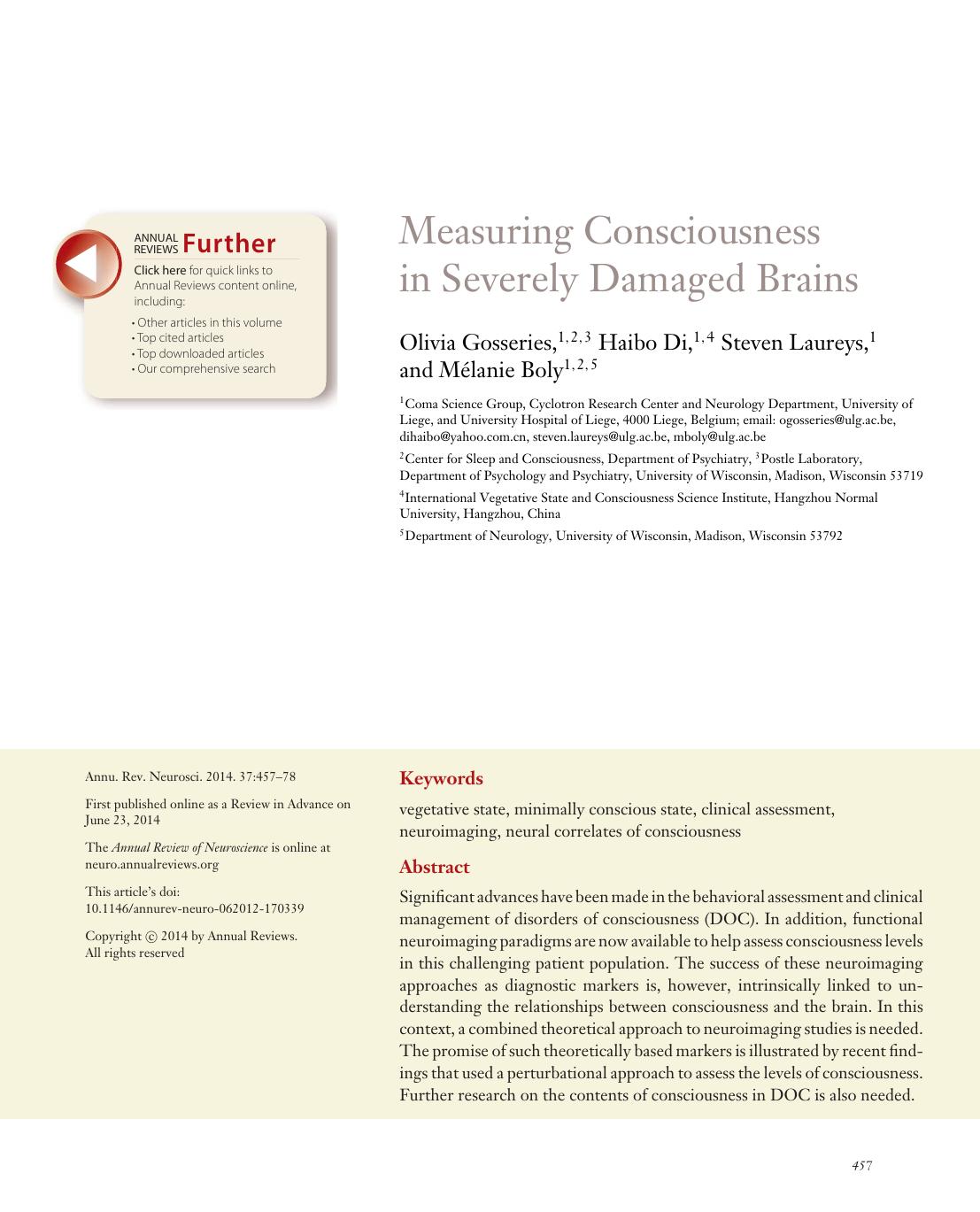 Measuring Consciousness in Severely Damaged Brains by Olivia Gosseries Haibo Di Steven Laureys Mélanie Boly