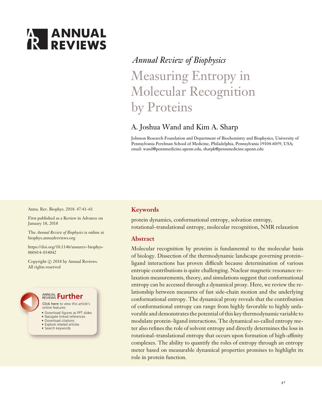 Measuring Entropy in Molecular Recognition by Proteins by A. Joshua Wand and Kim A. Sharp