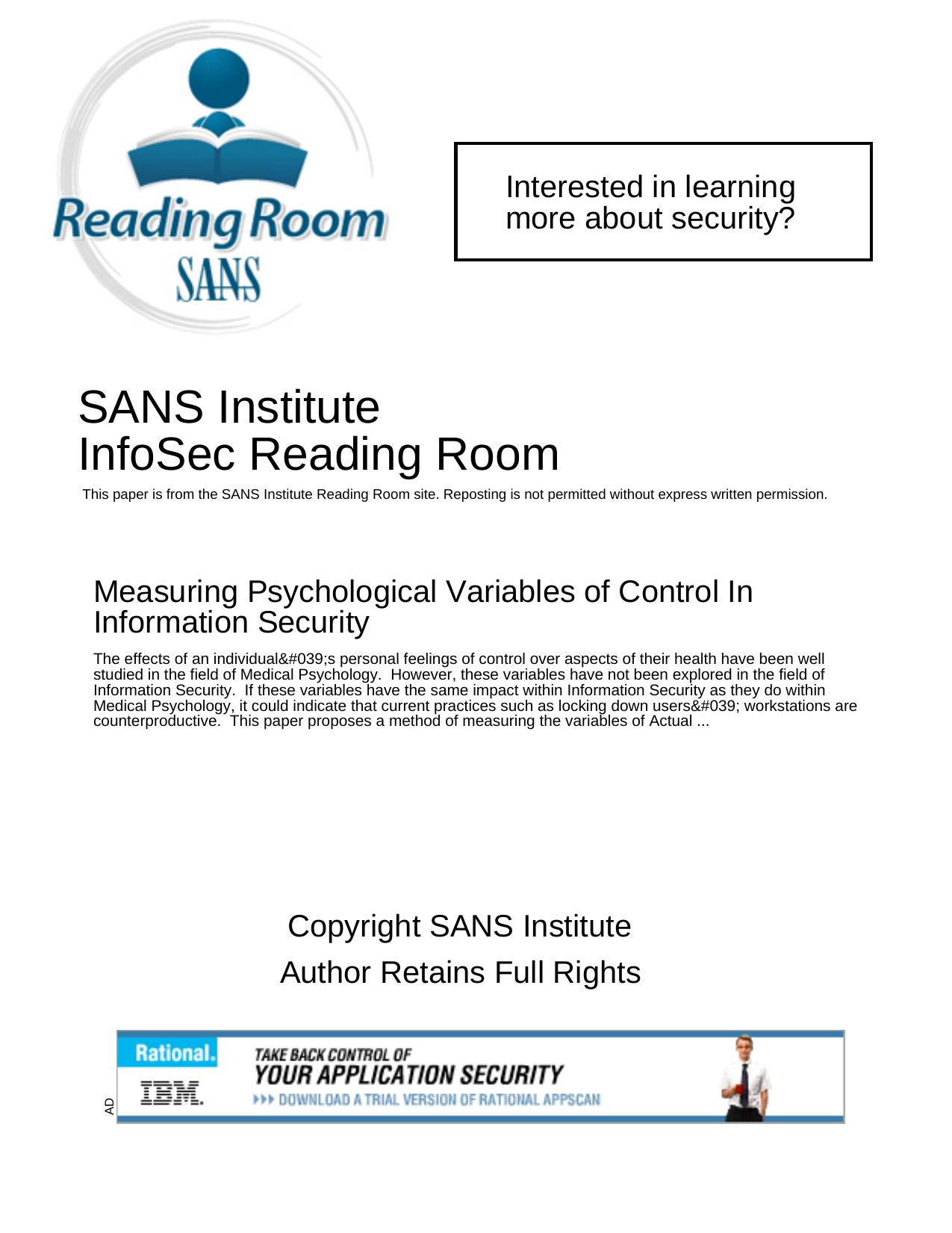 Measuring Psychological Variables of Control In Information Security by Josh More