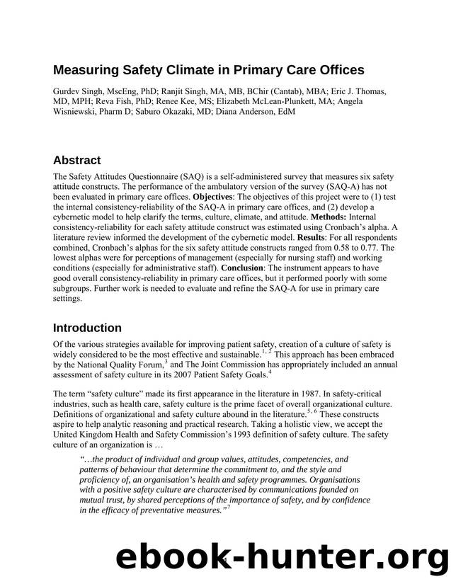 Measuring Safety Climate in Primary Care Offices by Agency for Healthcare Research and Quality
