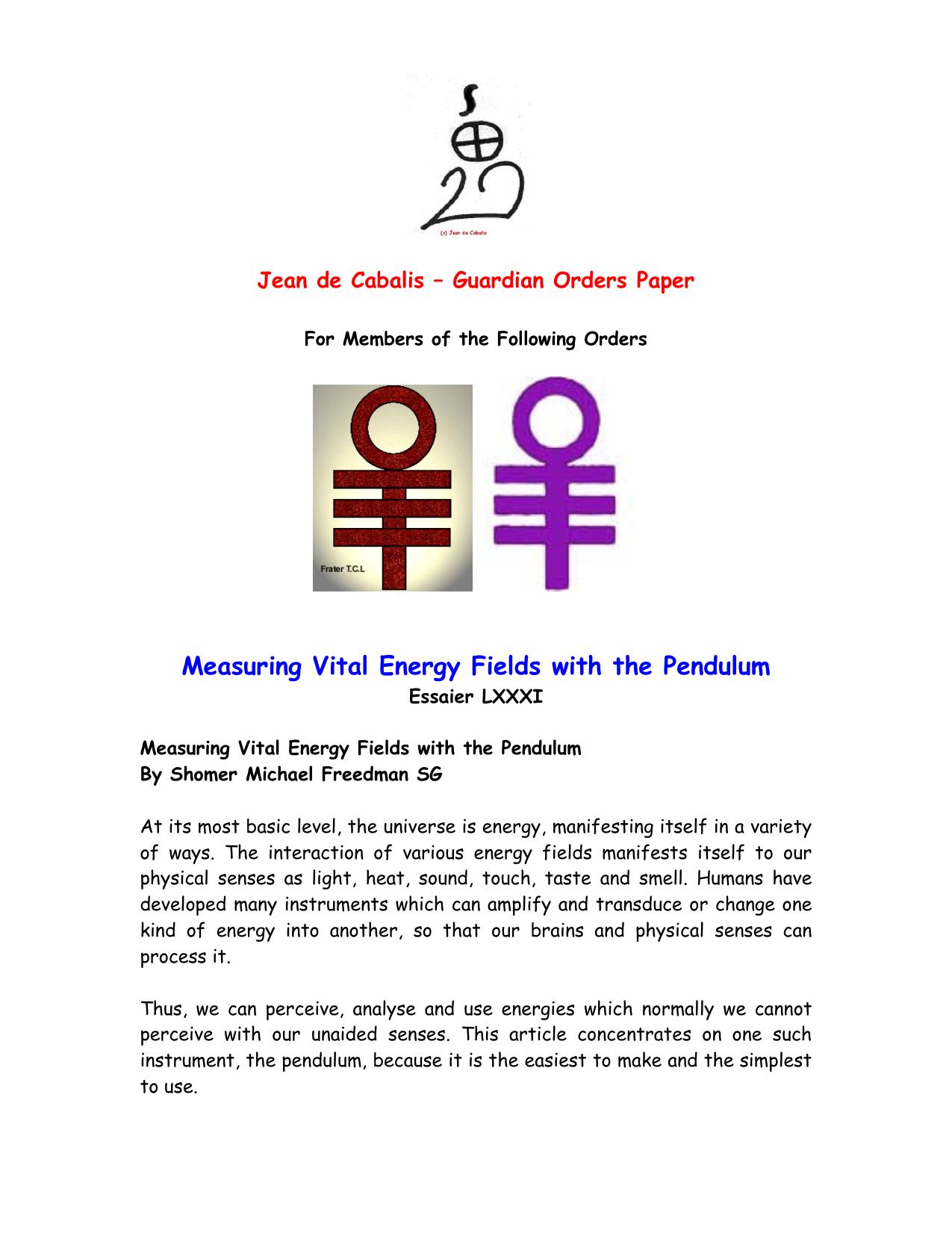 Measuring Vital Energy Fields with the Pendulum by Michael Freedman