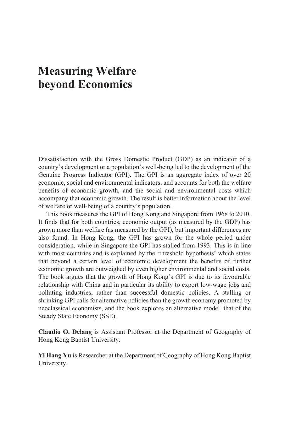 Measuring Welfare beyond Economics: The genuine progress of Hong Kong and Singapore by Unknow