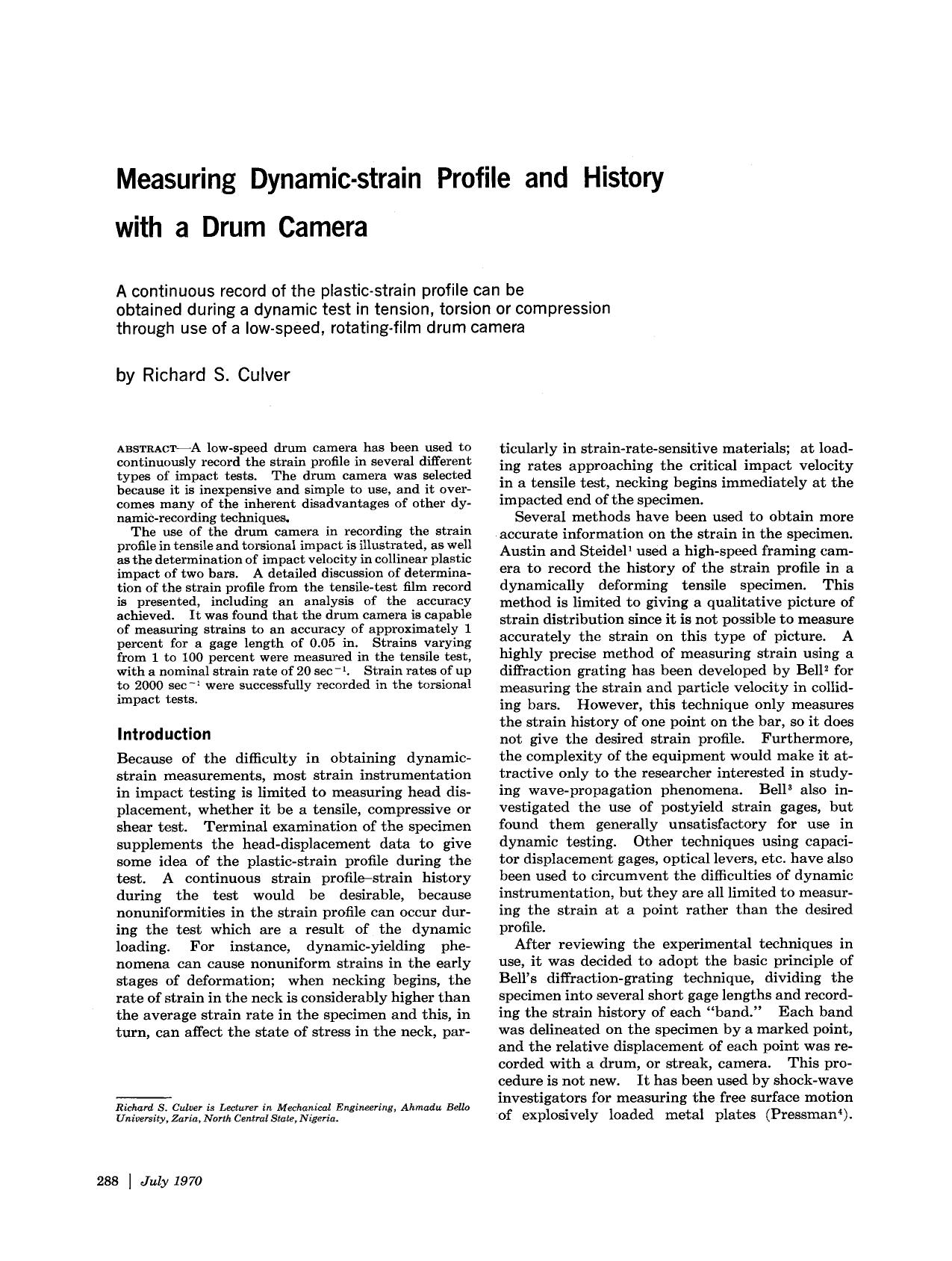 Measuring dynamic-strain profile and history with a drum camera by Unknown