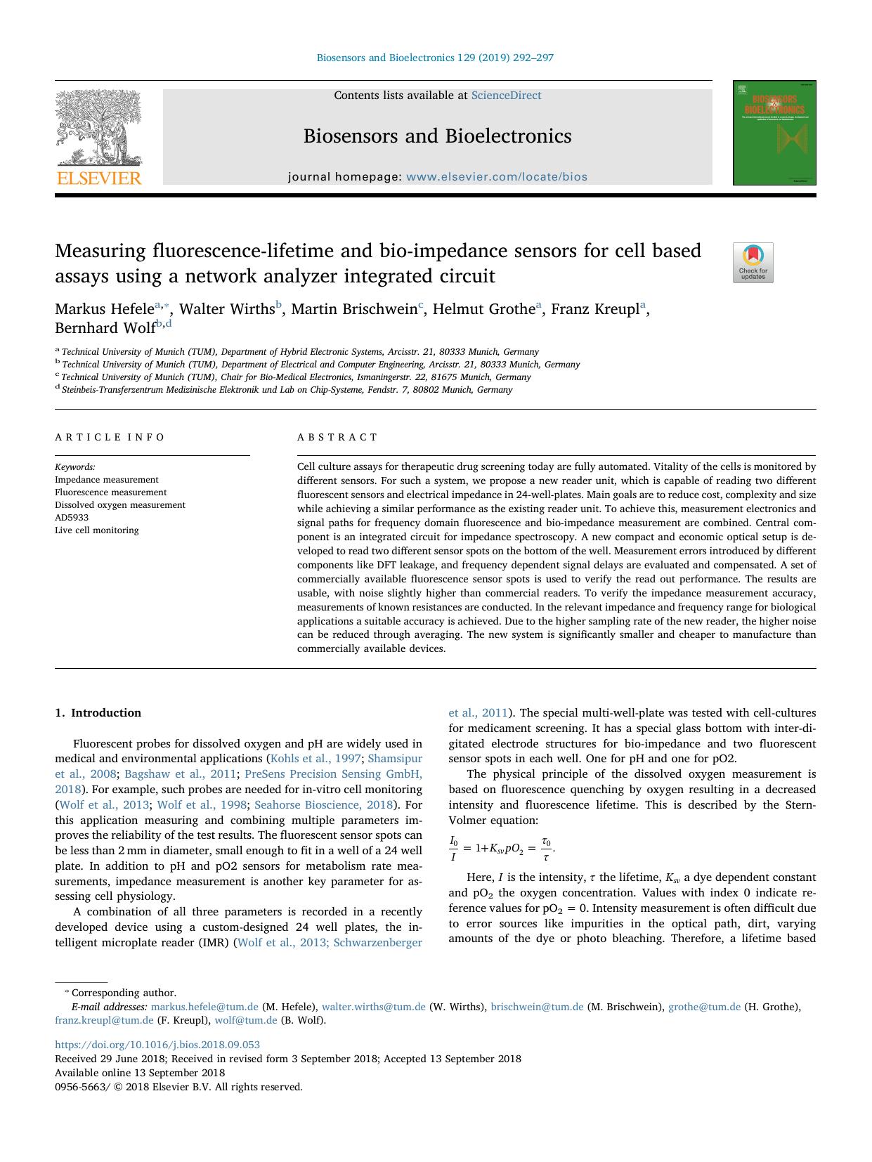 Measuring fluorescence-lifetime and bio-impedance sensors for cell based assays using a network analyzer integrated circuit by Markus Hefele & Walter Wirths & Martin Brischwein & Helmut Grothe & Franz Kreupl & Bernhard Wolf