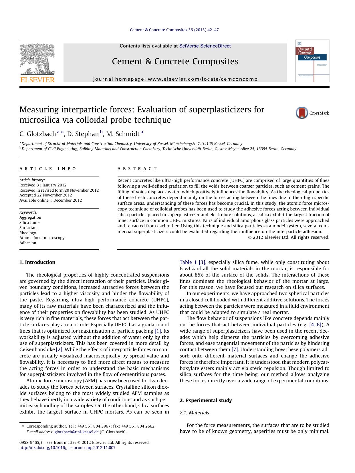 Measuring interparticle forces: Evaluation of superplasticizers for microsilica via colloidal probe technique by C. Glotzbach & D. Stephan & M. Schmidt