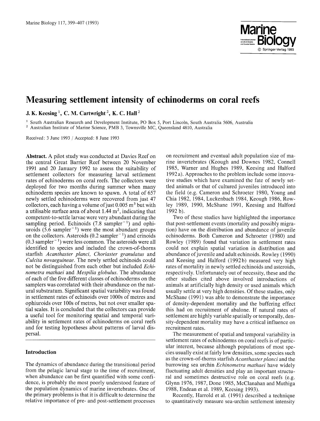 Measuring settlement intensity of echinoderms on coral reefs by Unknown