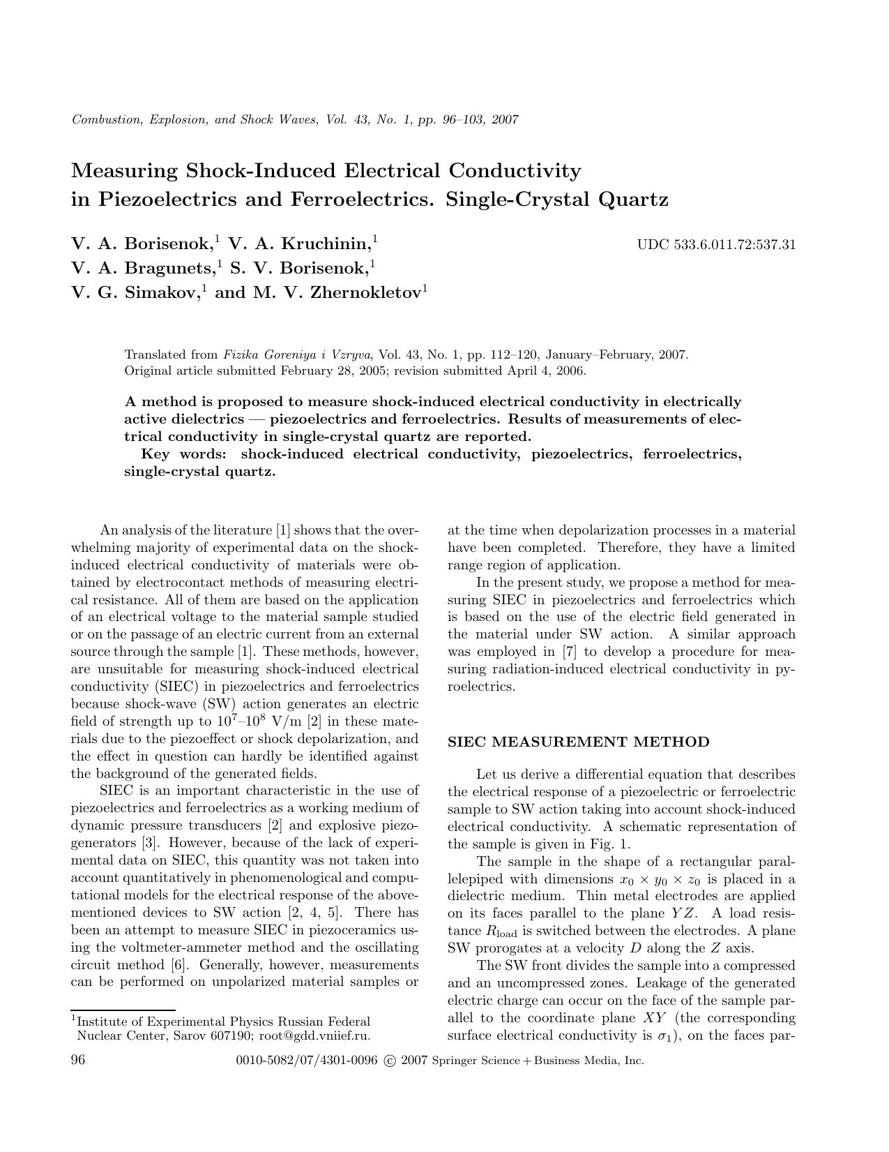 Measuring shock-induced electrical conductivity in piezoelectrics and ferroelectrics. Single-crystal quartz by Unknown