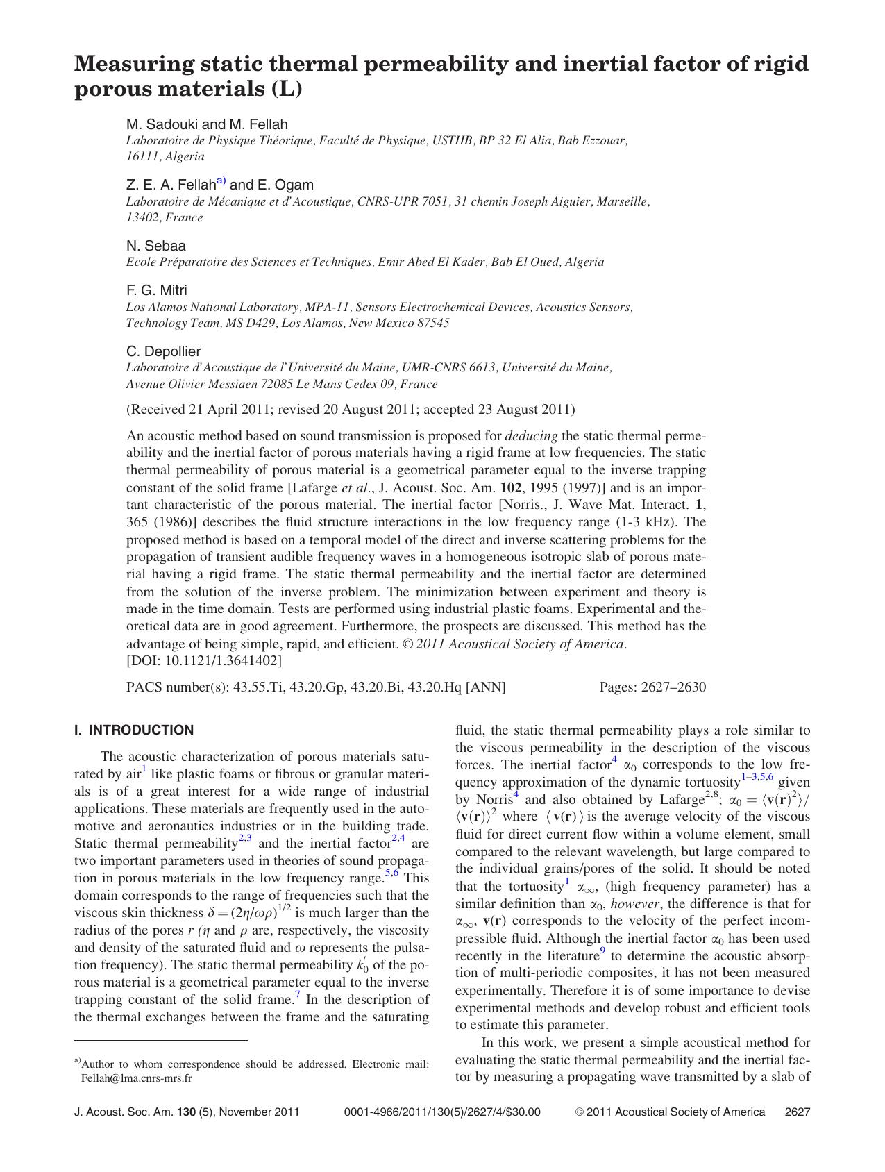 Measuring static thermal permeability and inertial factor of rigid porous materials (L) by M. Sadouki M. Fellah Z. E. A. Fellah E. Ogam N. Sebaa F. G. Mitri and C. Depollier