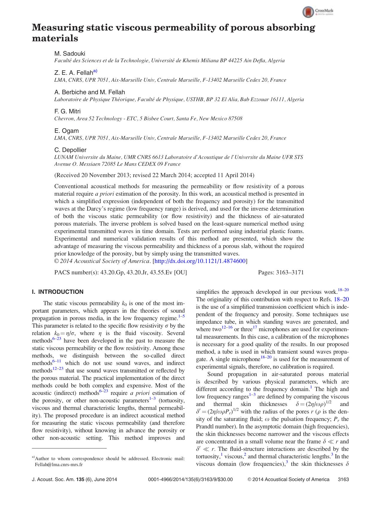 Measuring static viscous permeability of porous absorbing materials by M. Sadouki & Z. E. A. Fellah & A. Berbiche & M. Fellah & F. G. Mitri & E. Ogam & C. Depollier