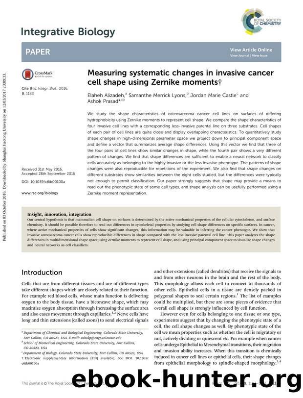 Measuring systematic changes in invasive cancer cell shape using Zernike moments by Elaheh Alizadeh & Samanthe Merrick Lyons & Jordan Marie Castle & Ashok Prasad
