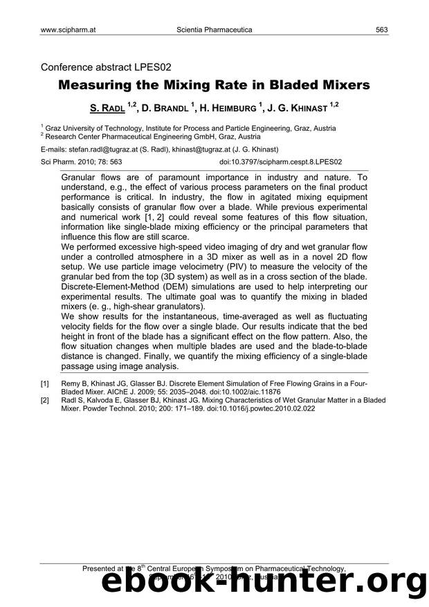 Measuring the Mixing Rate in Bladed Mixers by S. RADL & D. BRANDL & H. HEIMBURG & J. G. KHINAST
