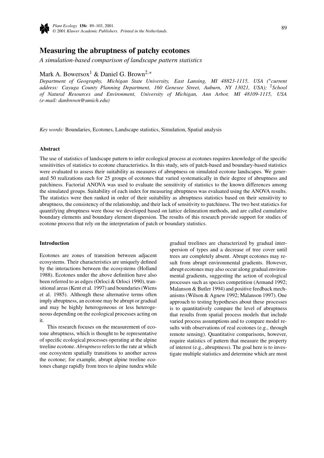 Measuring the abruptness of patchy ecotones – A simulation-based comparison of landscape pattern statistics by Unknown