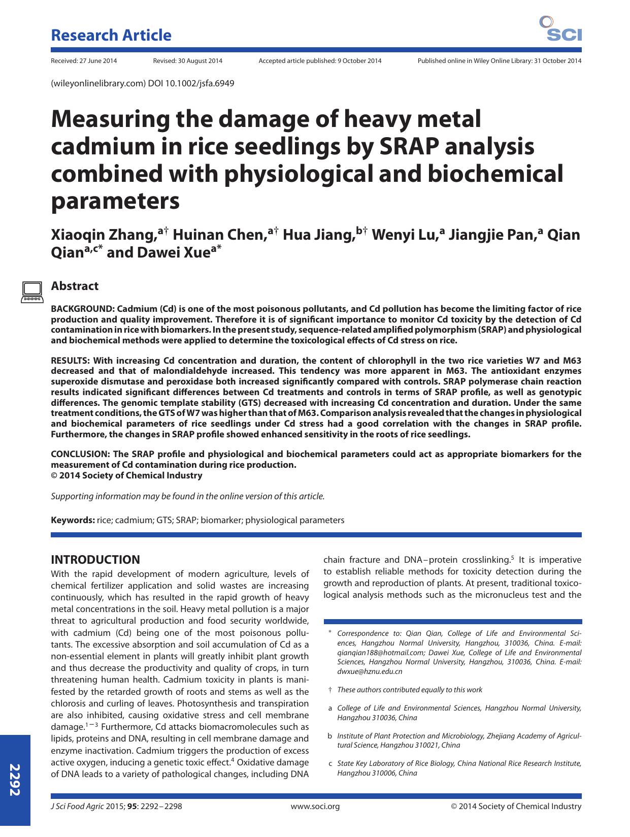 Measuring the damage of heavy metal cadmium in rice seedlings by SRAP analysis combined with physiological and biochemical parameters by Unknown