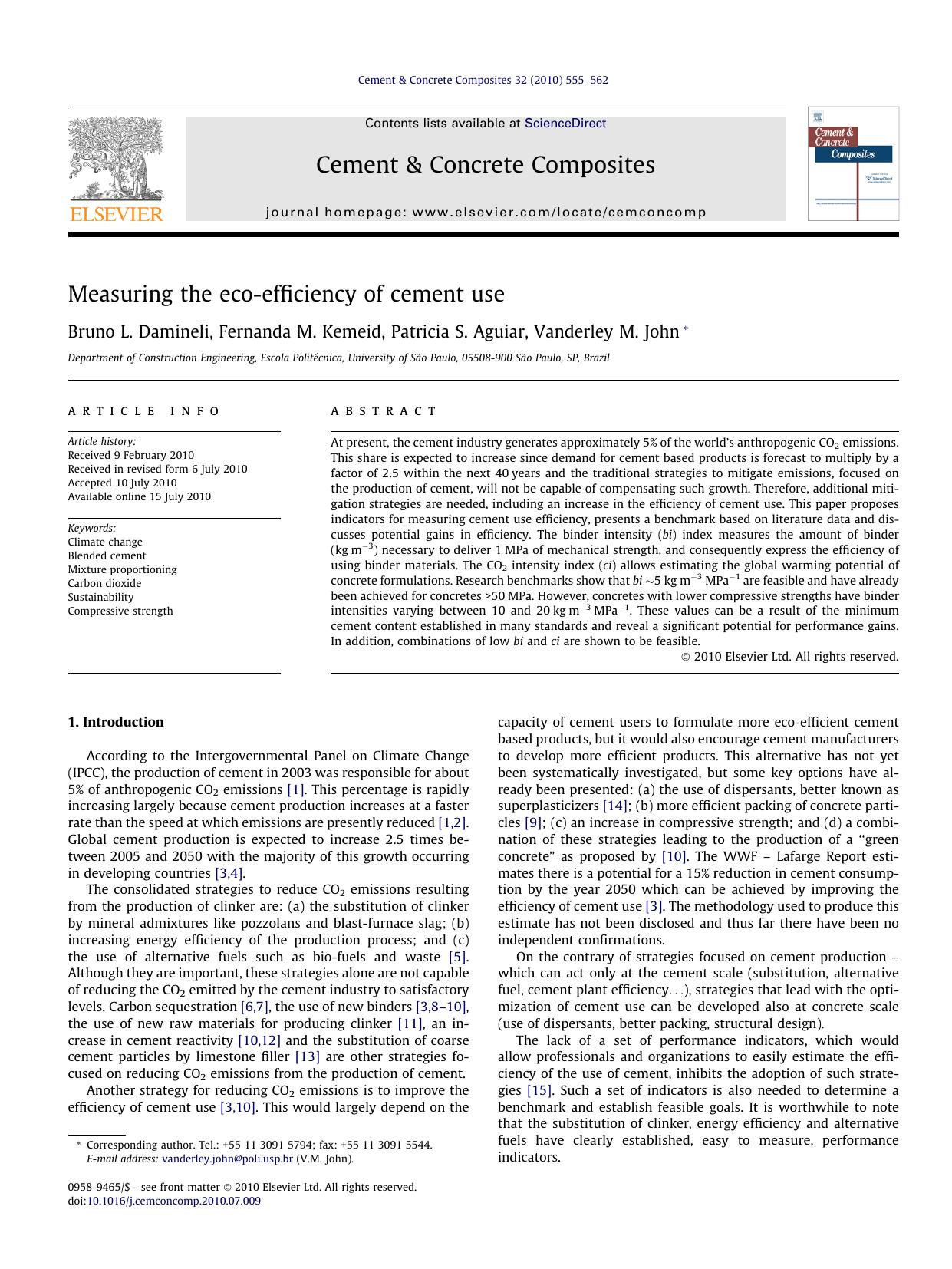 Measuring the eco-efficiency of cement use by Bruno L. Damineli & Fernanda M. Kemeid & Patricia S. Aguiar & Vanderley M. John