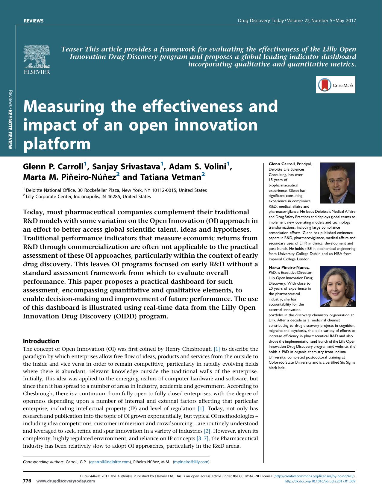 Measuring the effectiveness and impact of an open innovation platform by Glenn P. Carroll & Sanjay Srivastava & Adam S. Volini & Marta M. Piñeiro-Núñez & Tatiana Vetman