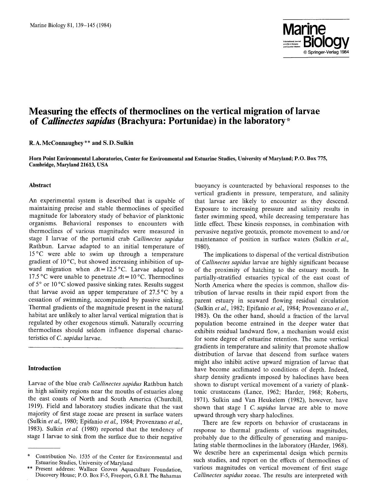 Measuring the effects of thermoclines on the vertical migration of larvae of <Emphasis Type="Italic">Callinectes sapidus<Emphasis> (Brachyura: Portunidae) in the laboratory by Unknown