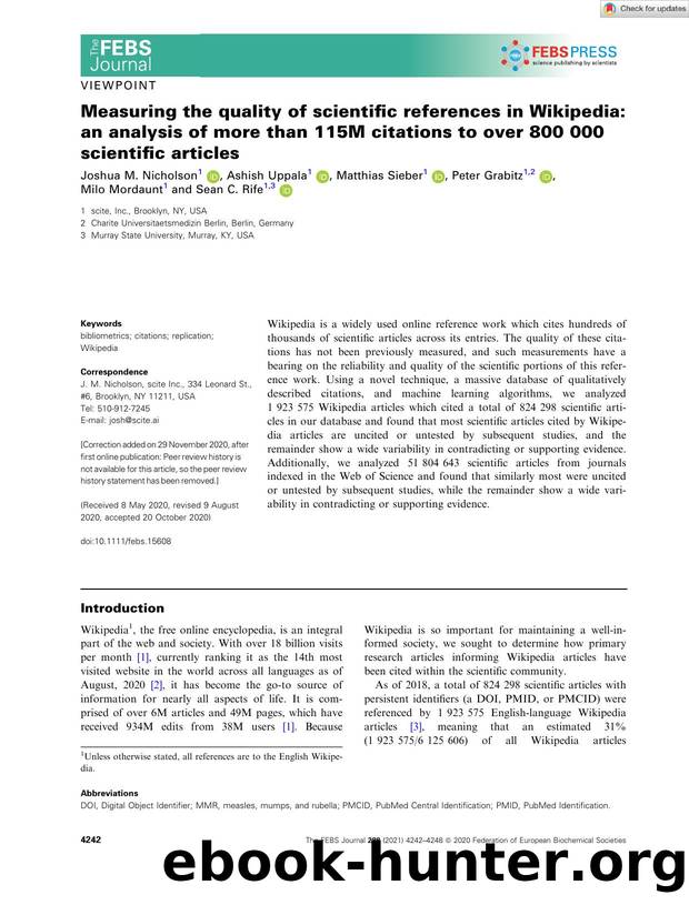 Measuring the quality of scientific references in Wikipedia: an analysis of more than 115M citations to over 800 000 scientific articles by Unknown