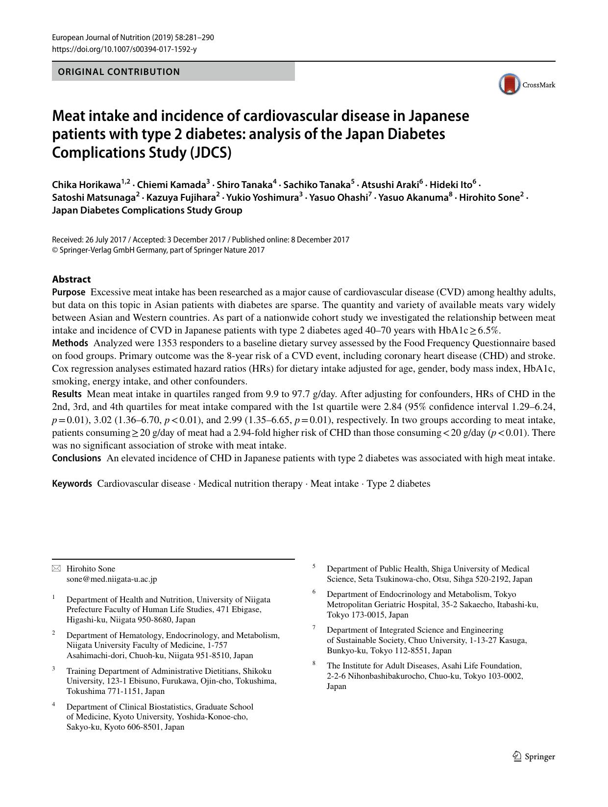 Meat intake and incidence of cardiovascular disease in Japanese patients with type 2 diabetes: analysis of the Japan Diabetes Complications Study (JDCS) by Chika Horikawa