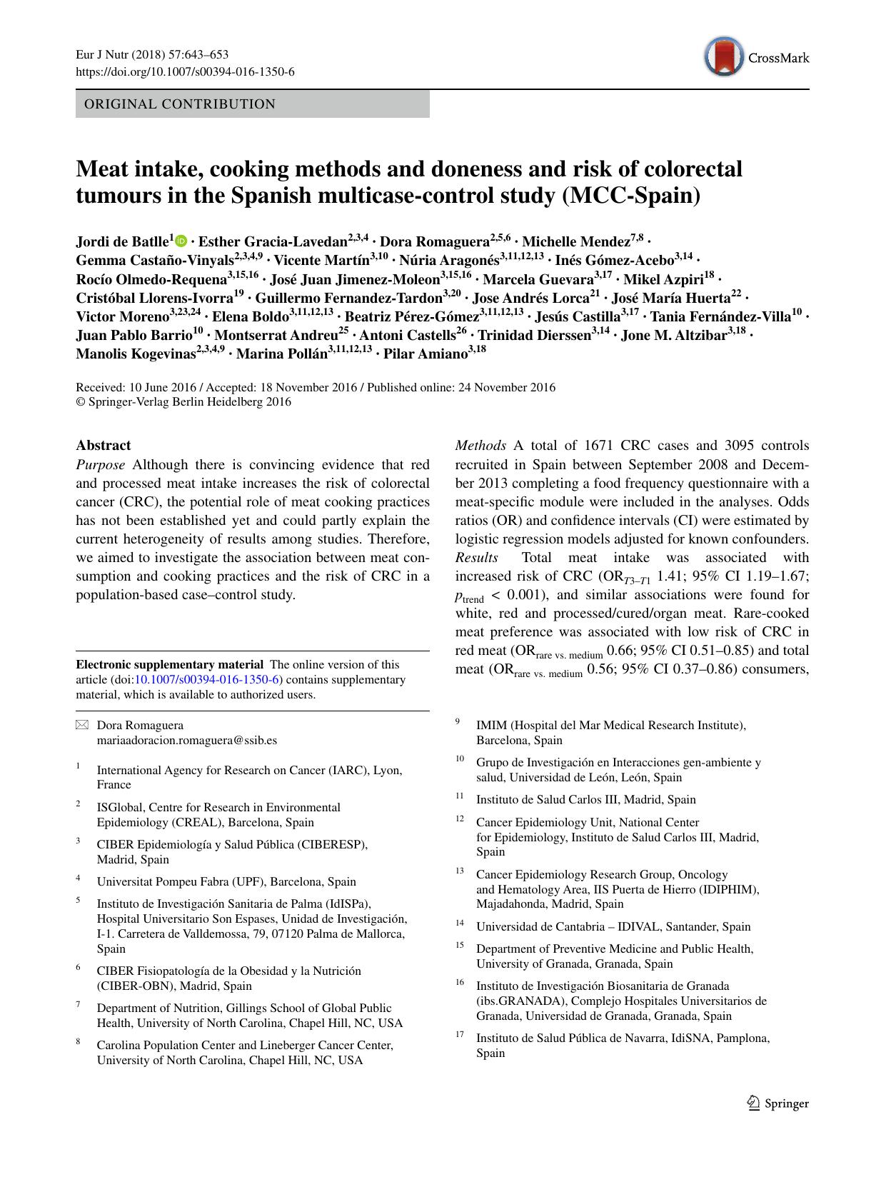 Meat intake, cooking methods and doneness and risk of colorectal tumours in the Spanish multicase-control study (MCC-Spain) by unknow
