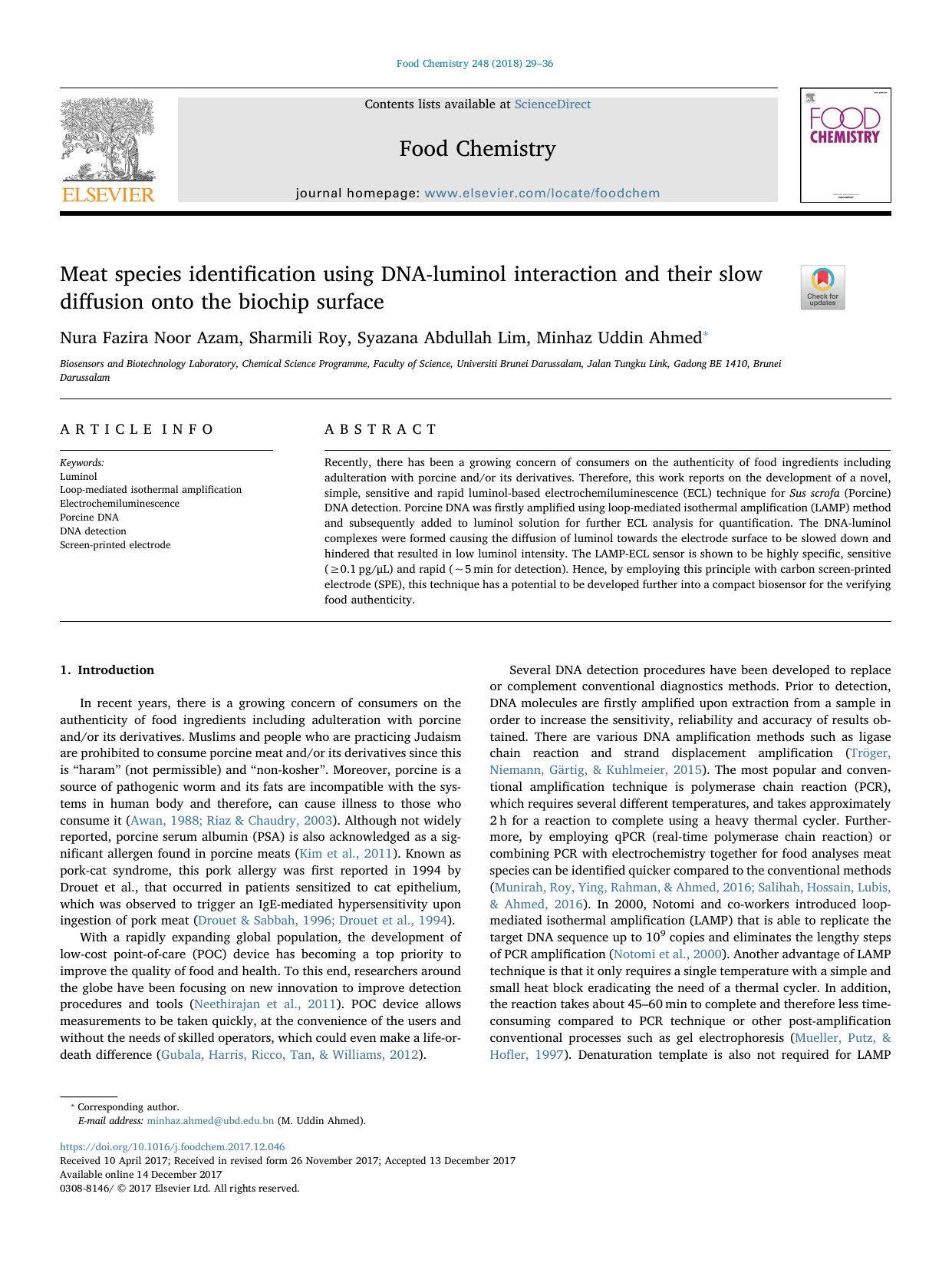 Meat species identification using DNA-luminol interaction and their slow diffusion onto the biochip surface by Nura Fazira Noor Azam & Sharmili Roy & Syazana Abdullah Lim & Minhaz Uddin Ahmed