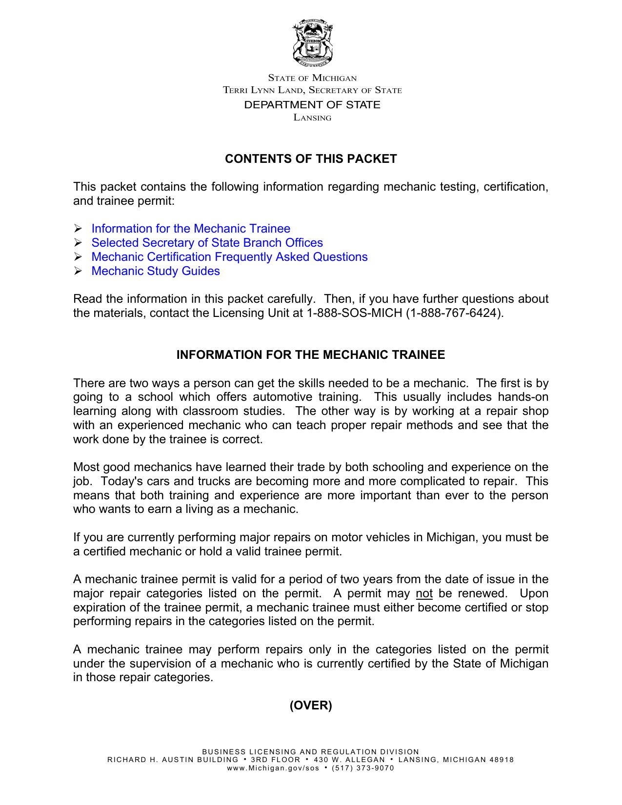 Mechanic Certification Study Guide Information by claret@michigan.gov