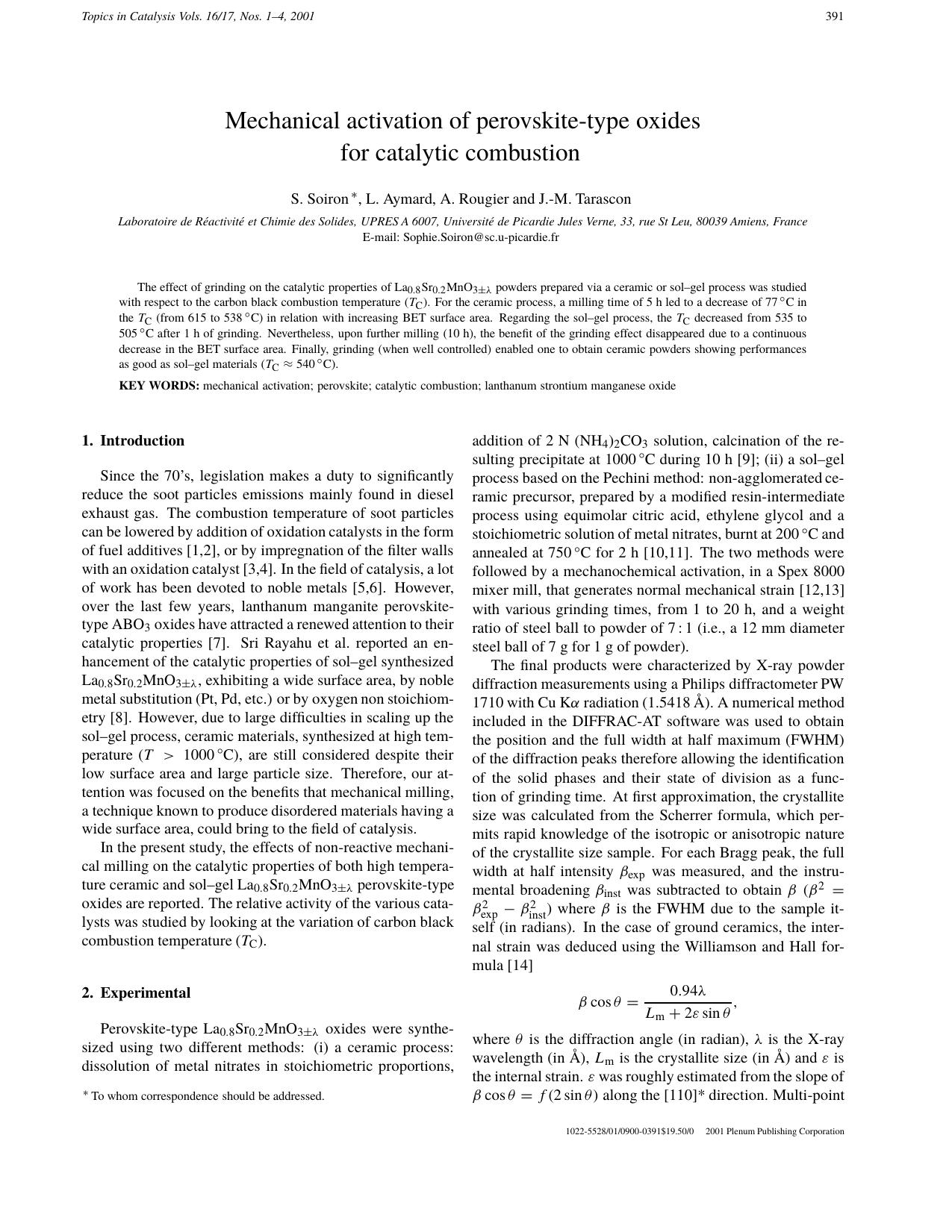 Mechanical Activation of Perovskite-Type Oxides for Catalytic Combustion by Unknown