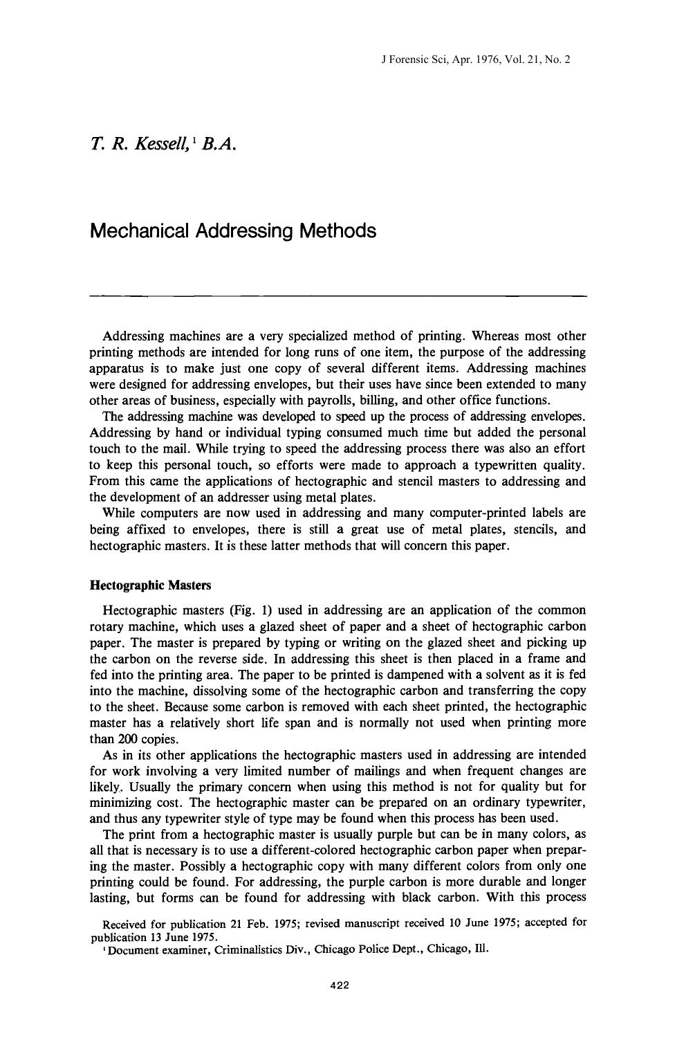 Mechanical Addressing Methods by Kessell TR