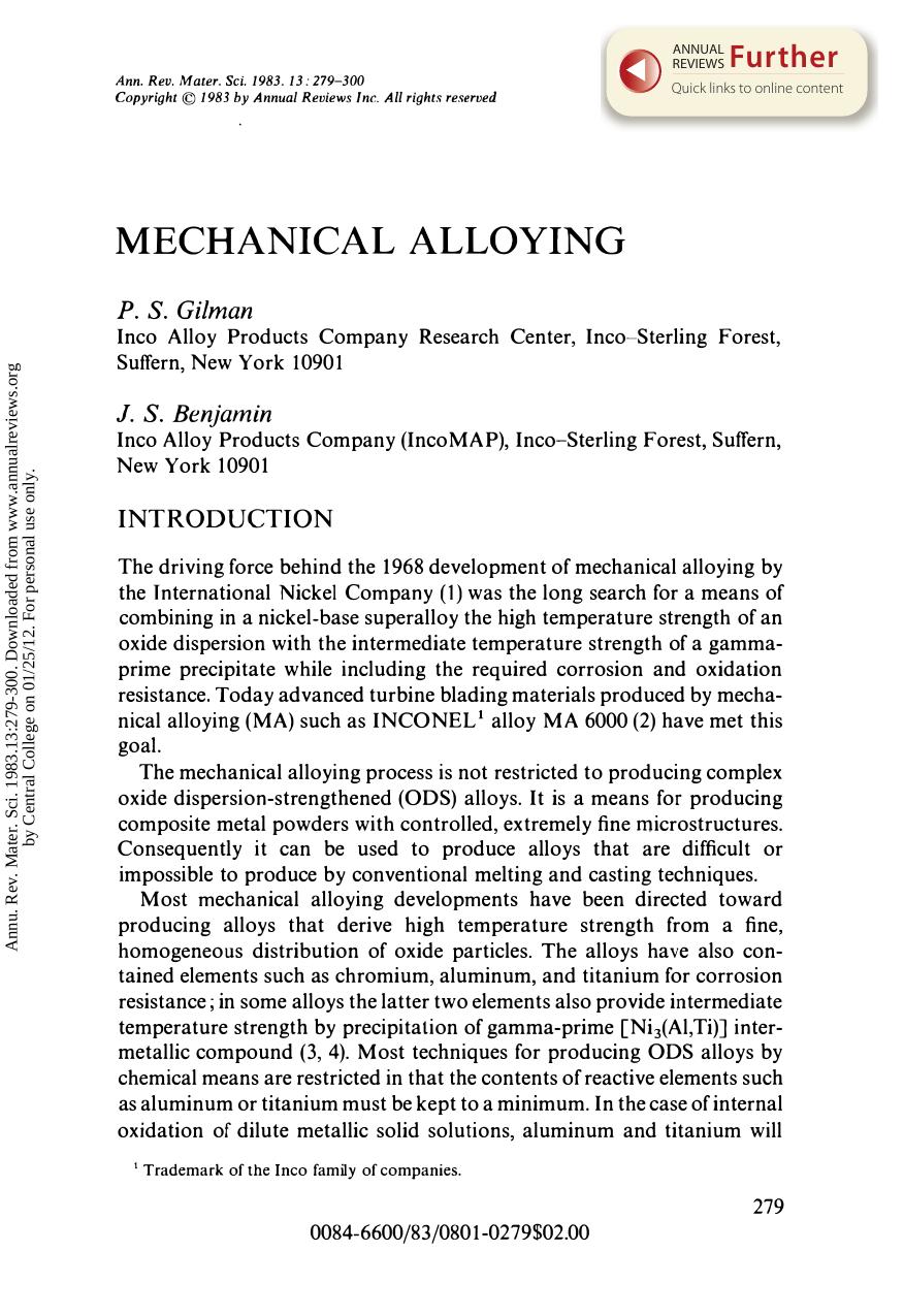 Mechanical Alloying by P S Gilman & J S Benjamin