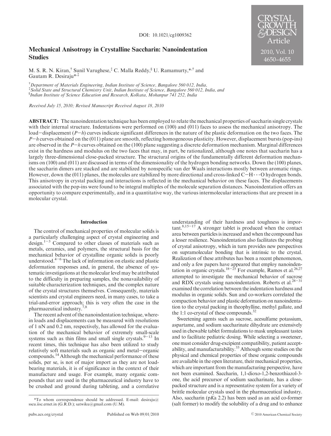 Mechanical Anisotropy in Crystalline Saccharin: Nanoindentation Studies by Unknown