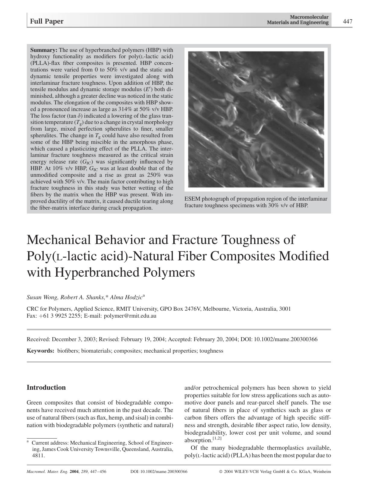 Mechanical Behavior and Fracture Toughness of Poly(L-lactic acid)-Natural Fiber Composites Modified with Hyperbranched Polymers by Unknown