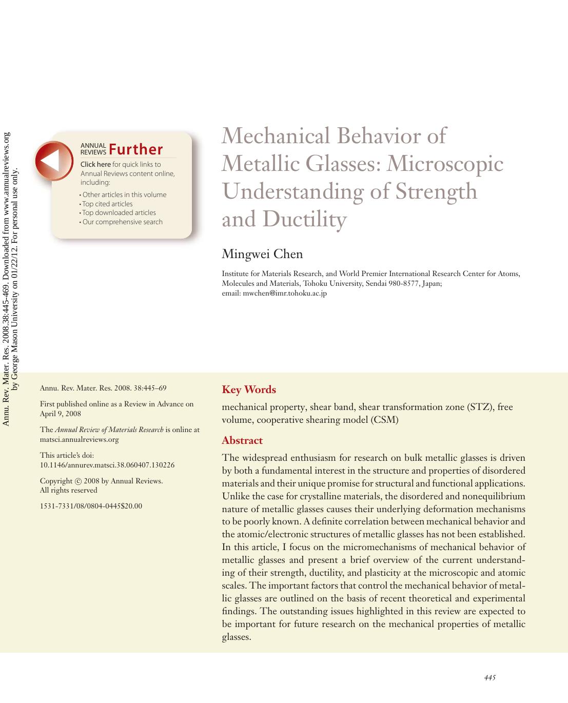 Mechanical Behavior of Metallic Glasses: Microscopic Understanding of Strength and Ductility by Mingwei Chen