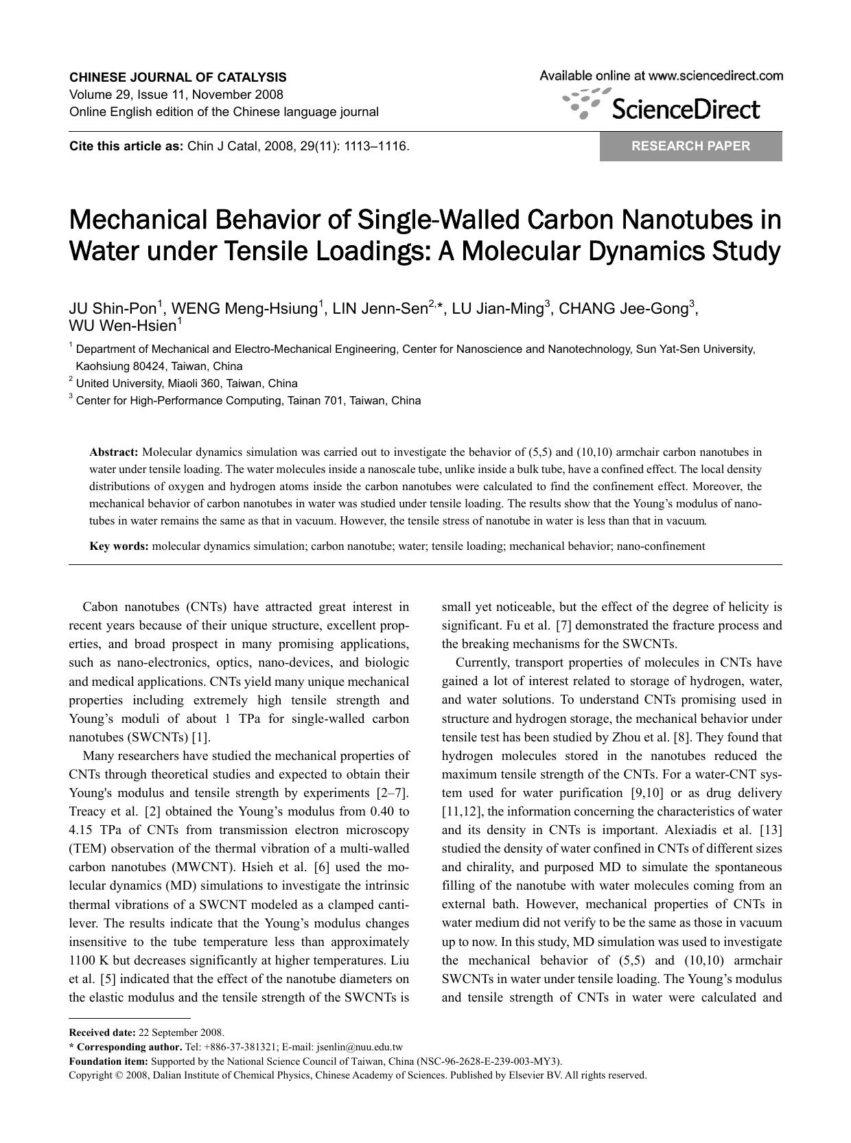 Mechanical Behavior of Single-Walled Carbon Nanotubes in Water under Tensile Loadings: A Molecular Dynamics Study by Shin-Pon JU; Meng-Hsiung WENG; Jenn-Sen LIN; Jian-Ming LU; Jee-Gong CHANG; Wen-Hsien WU