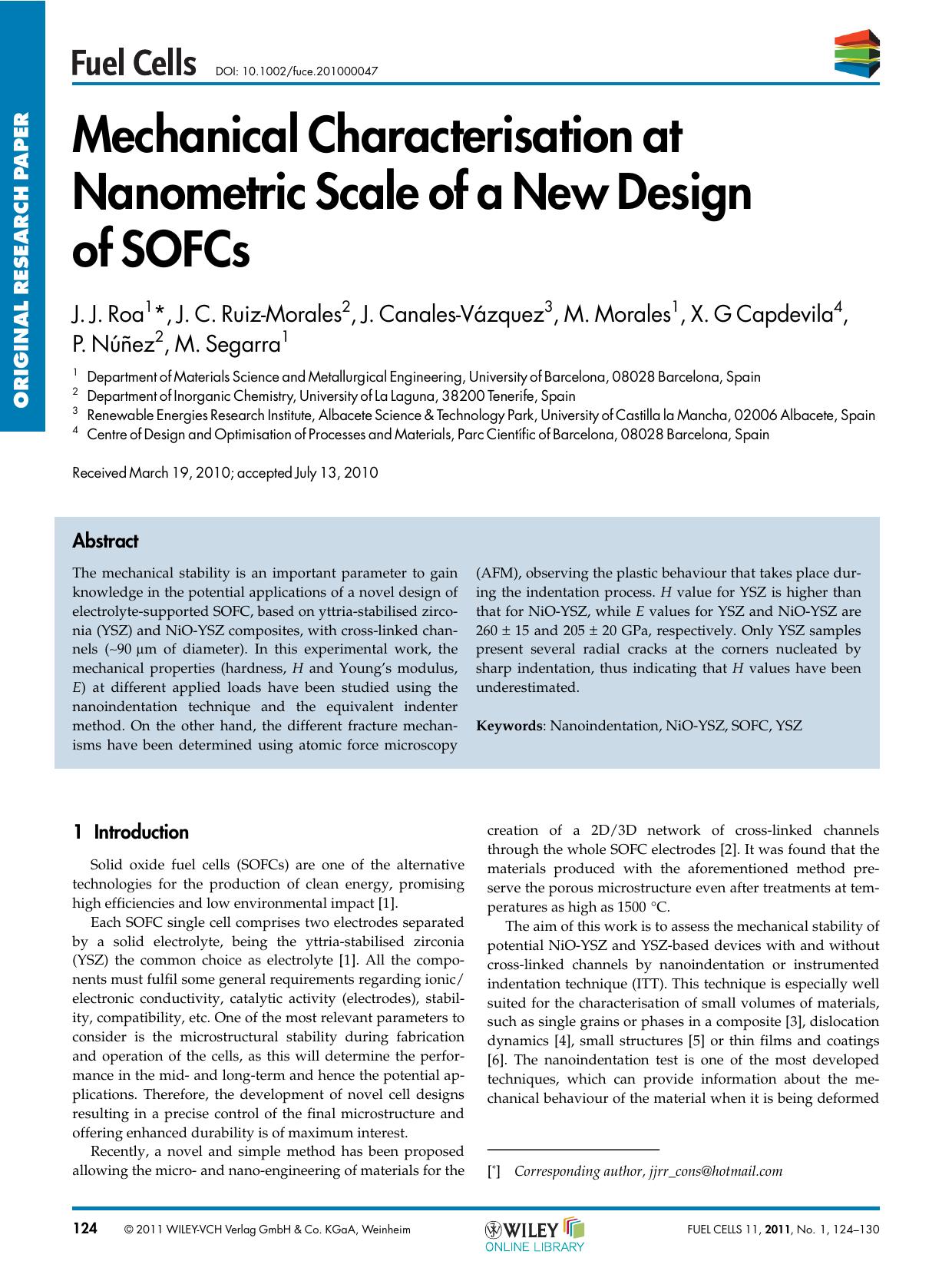 Mechanical Characterisation at Nanometric Scale of a New Design of SOFCs by Unknown