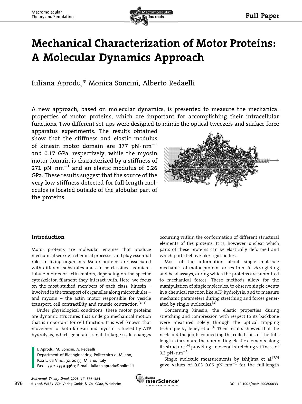 Mechanical Characterization of Motor Proteins: A Molecular Dynamics Approach by Unknown