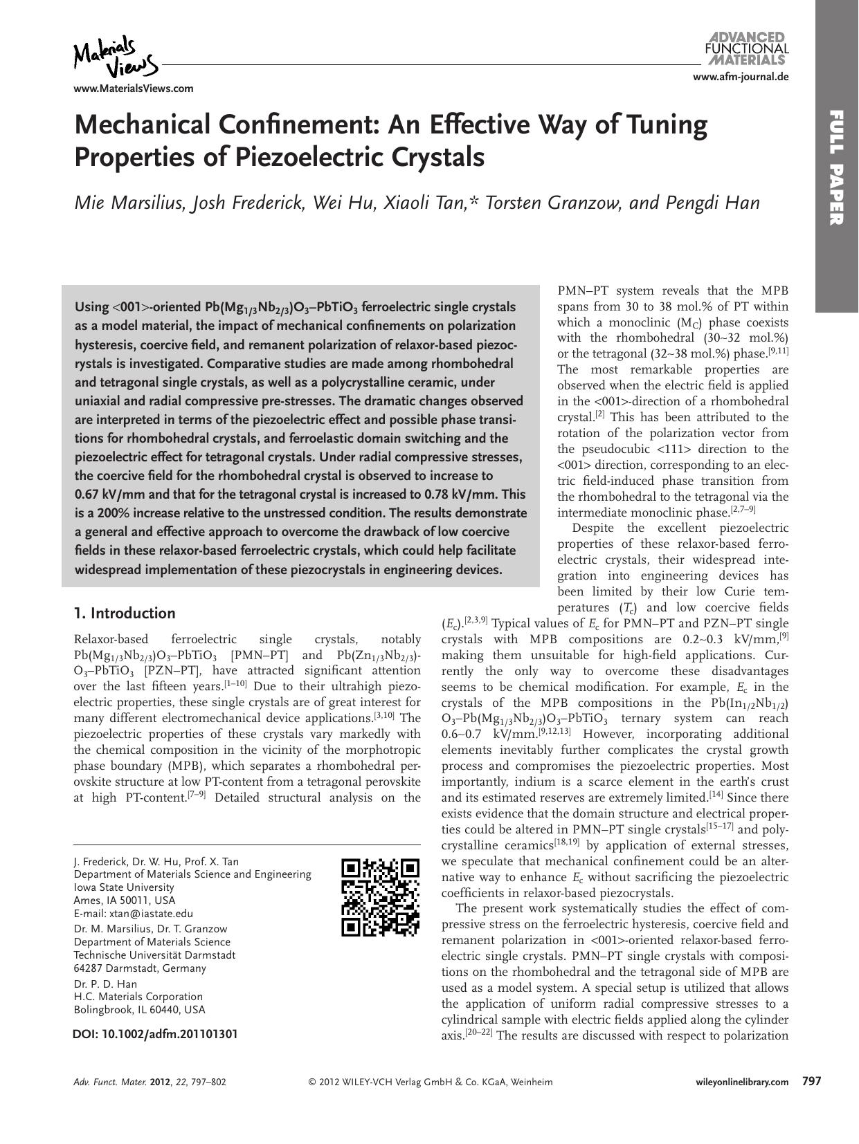 Mechanical Confinement: An Effective Way of Tuning Properties of Piezoelectric Crystals by Unknown