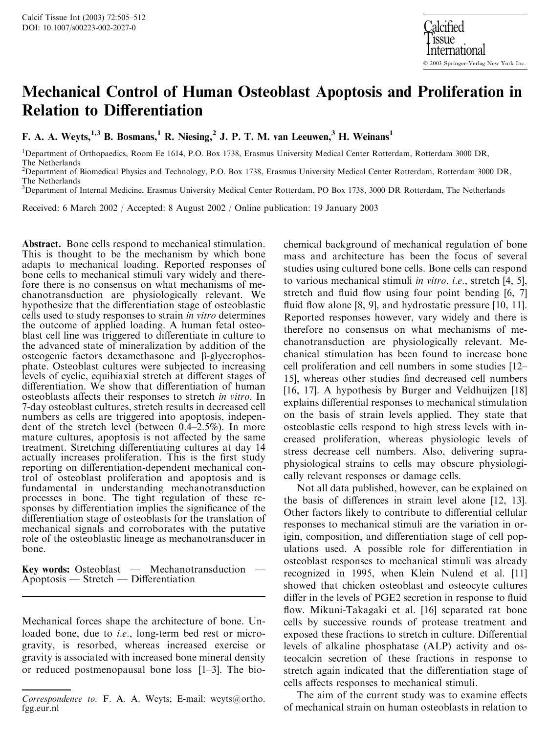 Mechanical Control of Human Osteoblast Apoptosis and Proliferation in Relation to Differentiation by Weyts F.A.A. et al