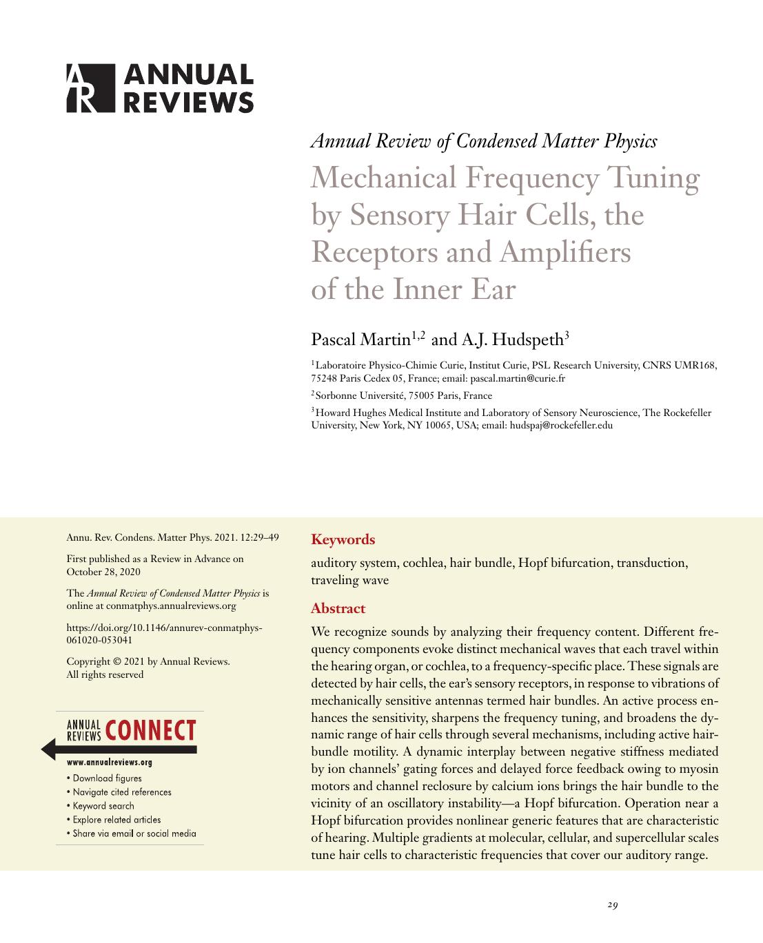 Mechanical Frequency Tuning by Sensory Hair Cells, the Receptors and Amplifiers of the Inner Ear by Pascal Martin and A.J. Hudspeth