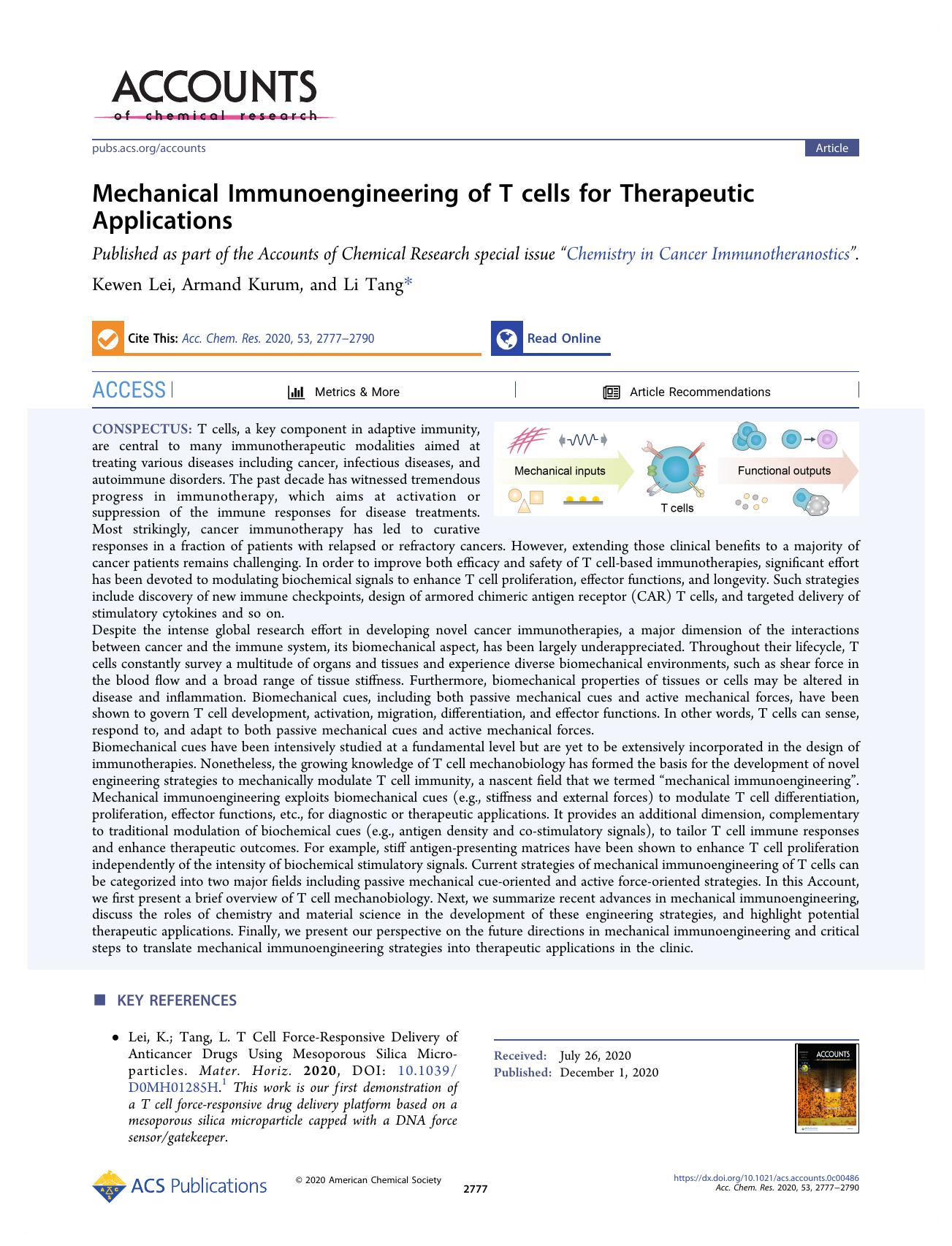 Mechanical Immunoengineering of T cells for Therapeutic Applications by Kewen Lei; Armand Kurum; Li Tang