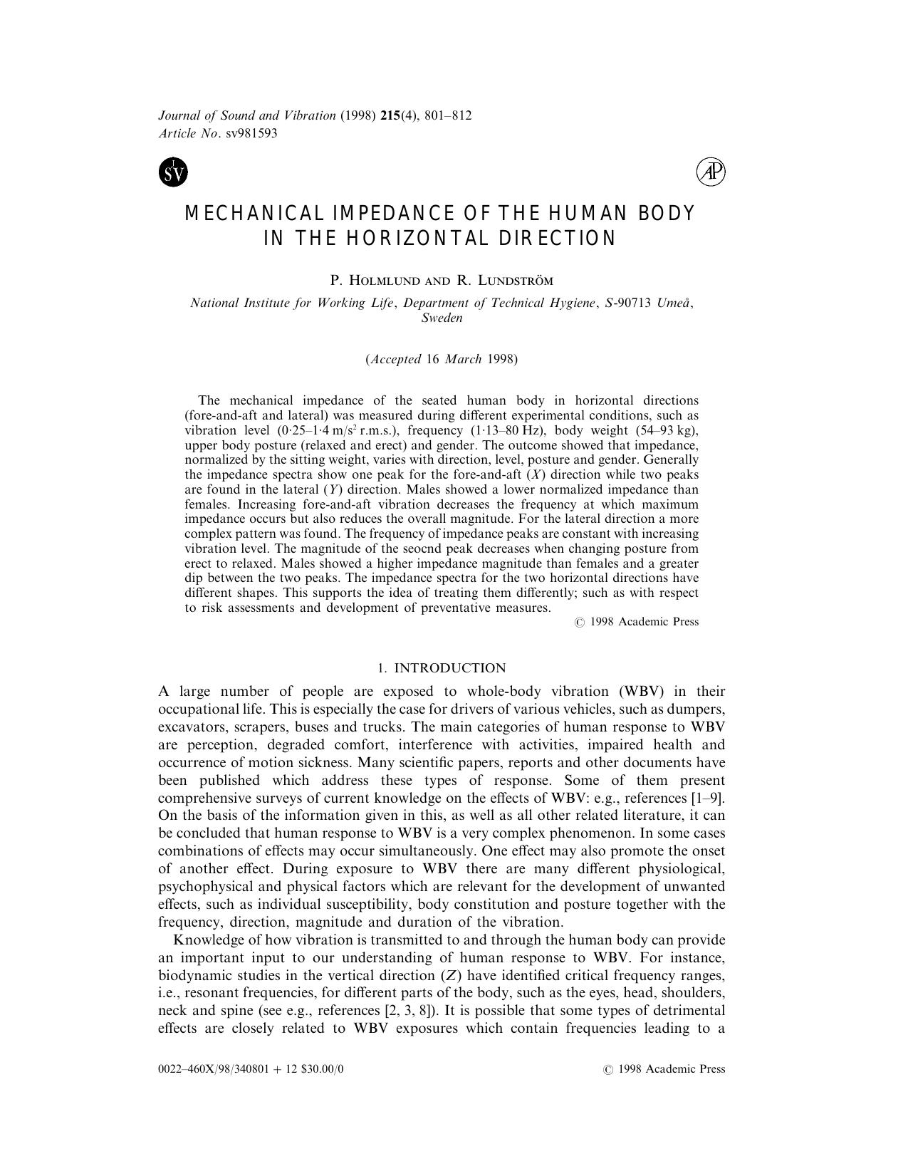 Mechanical Impedance of the Human Body in the Horizontal Direction by Holmlund P. & Lundstrom R