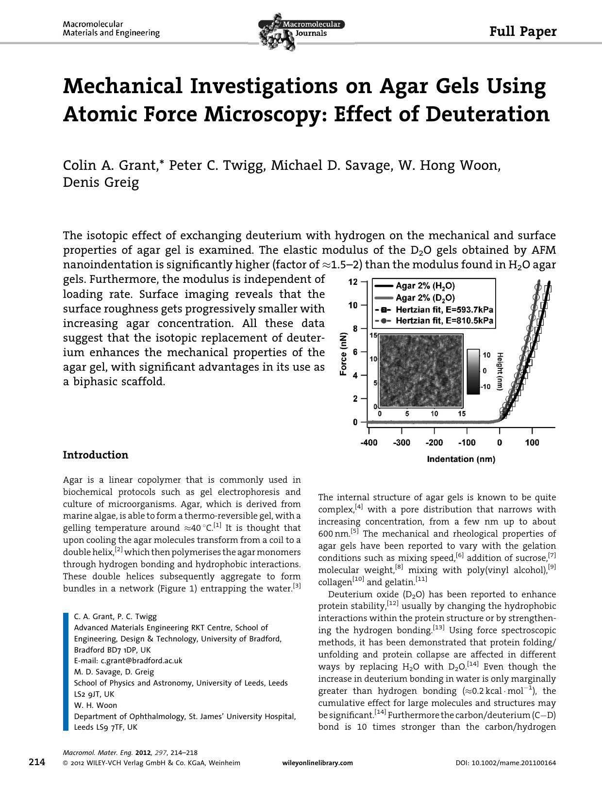Mechanical Investigations on Agar Gels Using Atomic Force Microscopy: Effect of Deuteration by Unknown